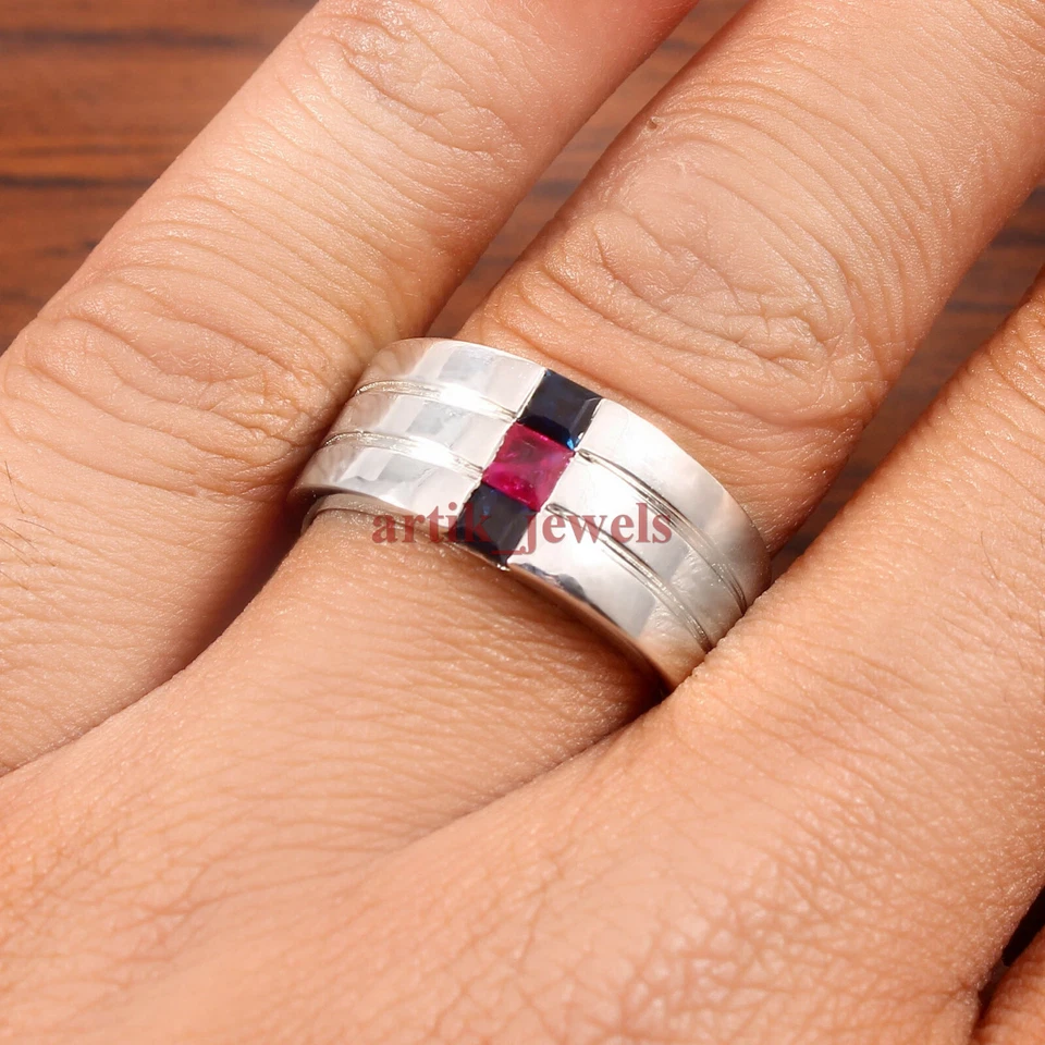 Heizbar Rubin & Saphir Edelstein Mit 925 Sterlingsilber Herren Ring #5834 - Bild 2 von 4