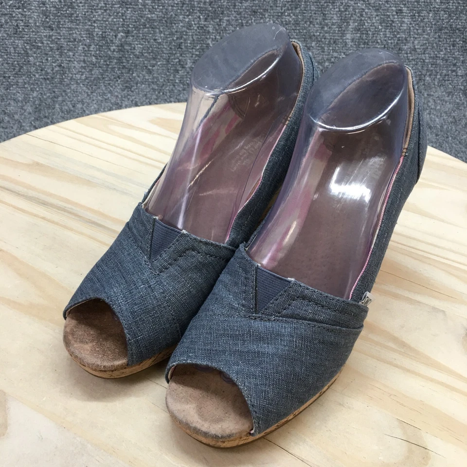 Zapatos de tacón TOMS para mujer 9 informales sin cordones punta abierta corcho cuña 381212 tela azul Foto 3 de 4