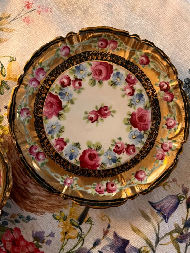 Antique Nippon Hand Painted Display Bowl Gold Trim Pink Flowers Roses over gold - Image 2 of 4