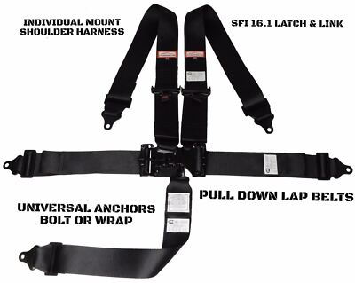 MODIFIED SERIES RACING HARNESS SFI 16.1 LATCH & LINK ROLL BAR MOUNT 5 PT BLACK
