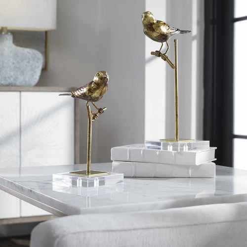 PAIR AGED GOLD PERCHED BIRDS CRYSTAL BASE MODERN ART STATUE UTTERMOST 18898 - Picture 1 of 5
