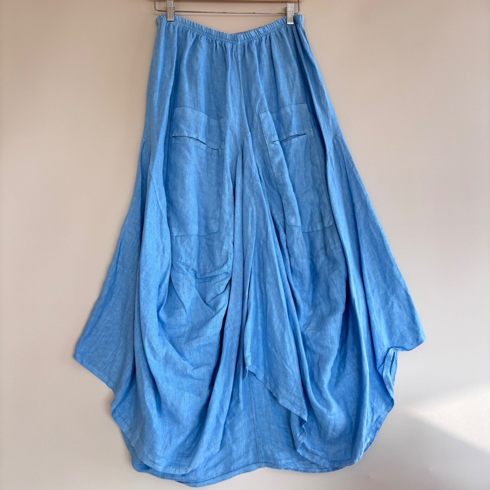 Blue Lagenlook Draped Skirt Linen Boho Coastal Minimalist Size Medium