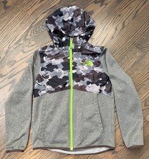 North Face Jacket Boys Sz M 10/12 Full Zip Up Gray Camo Windbreaker Sweater Hood