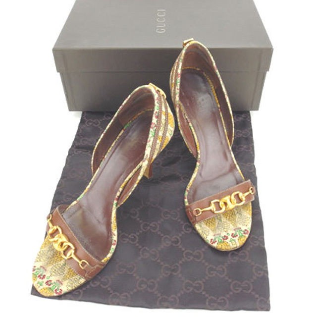 GUCCI Sandals Shoes #7 Half C High Heel Horsebit Beige x Brown x GGUCCI t11775s