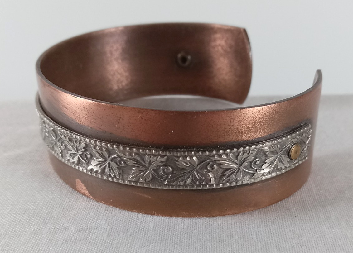 Solid copper cuff bracelet with silver tone metal… - image 4