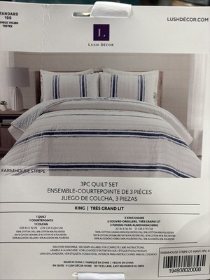 3pc King Farmhouse Stripe Reversible Comforter Set Blue - Lush Décor