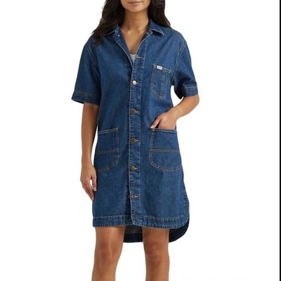 Lee Blue Denim Workwear with Yellow Stitching Jean Mini Dress Button Front 1010