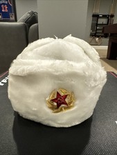 Russian Fur Hat White w Soviet Badge Ushanka Novelty New w Tags