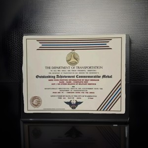 DOT OUTSTANDING ACHIEVEMENT COMMEMORATIVE MEDAL CERTIFICATE ~ Type 1