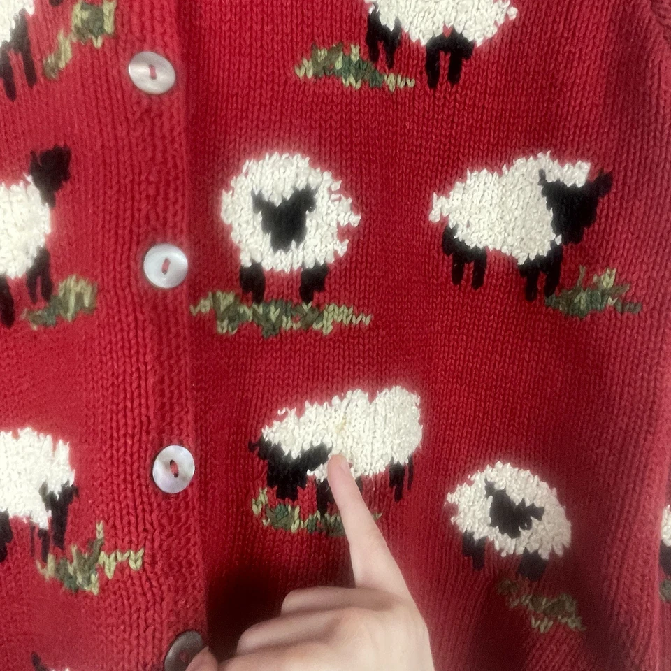 VTG Talbots Sheep Cardigan Hand Knit Small Novelty Red AOP Cottagecore 90's - Image 3 of 4