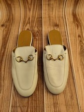 GUCCI Princetown Horsebit Cream White Leather Mules Loafers Size EU 37.5 US 7