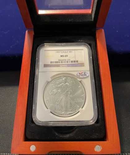 1997 American Silver Eagle NGC MS69 BROWN LABEL w/ ACE STICKER + Display Box 🔥