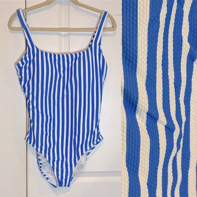NWT Time and Tru Blue White Stripe Textured Full Coverage One Piece Swimsuit L