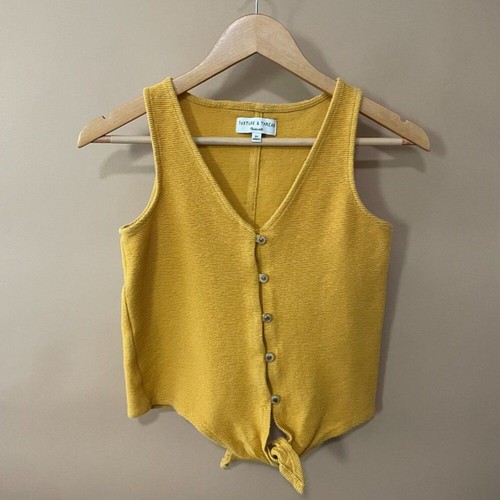 Texture & Thread Madewell Mustard Button Front Tie Tank Top XS Boho Casual