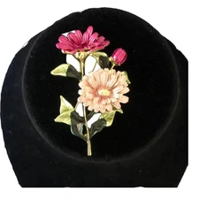Vintage Intricate Floral Pink Green And Gold Brooch