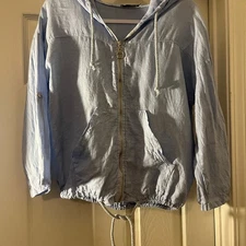 Light Blue Linen Blend Full-Zip Drawstring Hoodie Jacket Size M