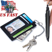 Genuine Leather Wallet Slim Minimalist Credit Card Holder Front Pocket Keychain