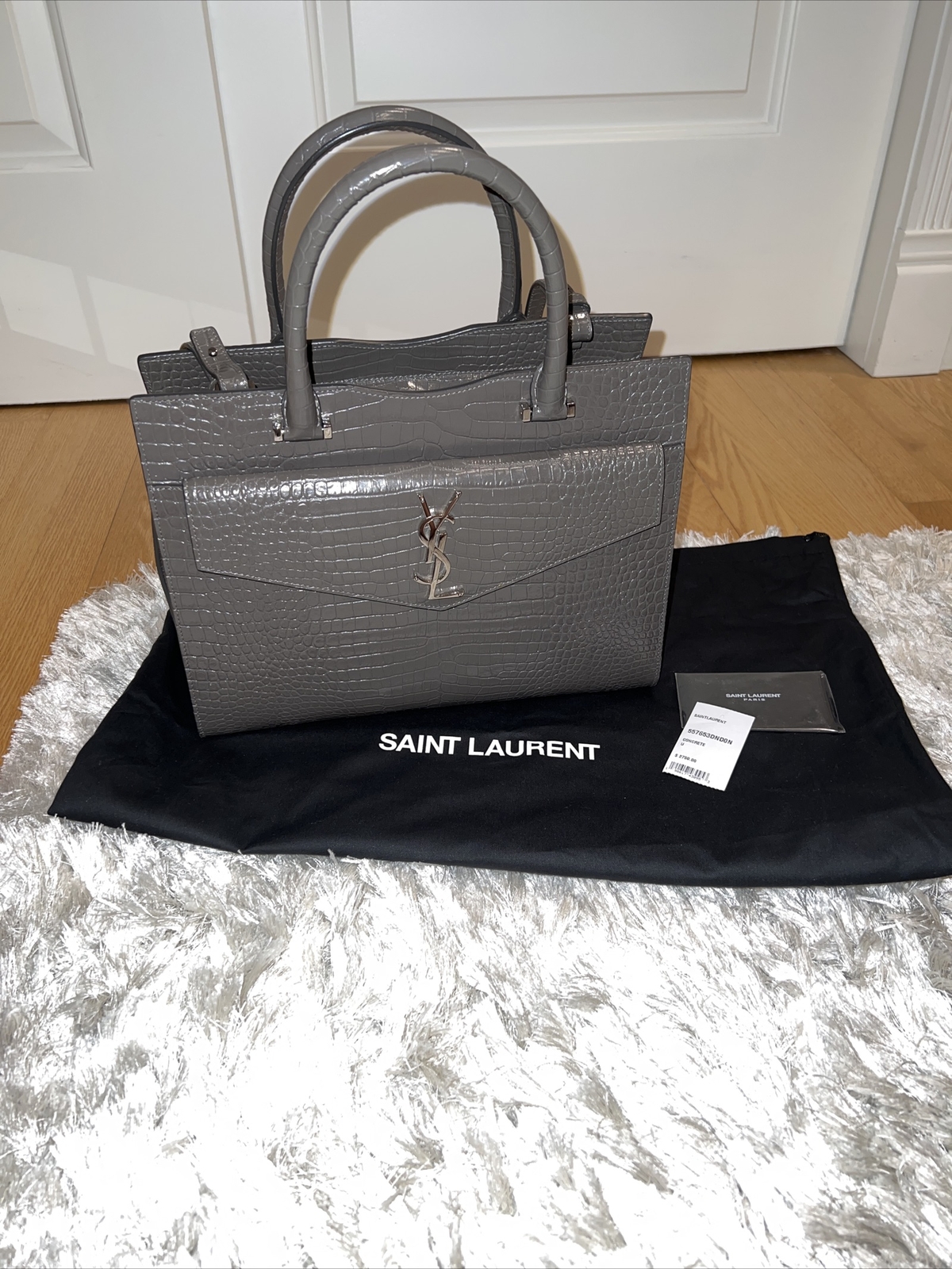 Borsa a mano Saint Laurent 2 in 1 grigia in rilievo croc