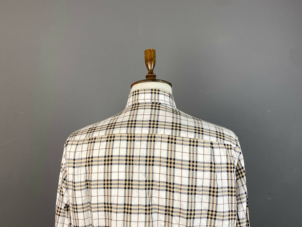 Men BURBERRY LONDON White Nova Check Button Down Shirt Long Sleeve 