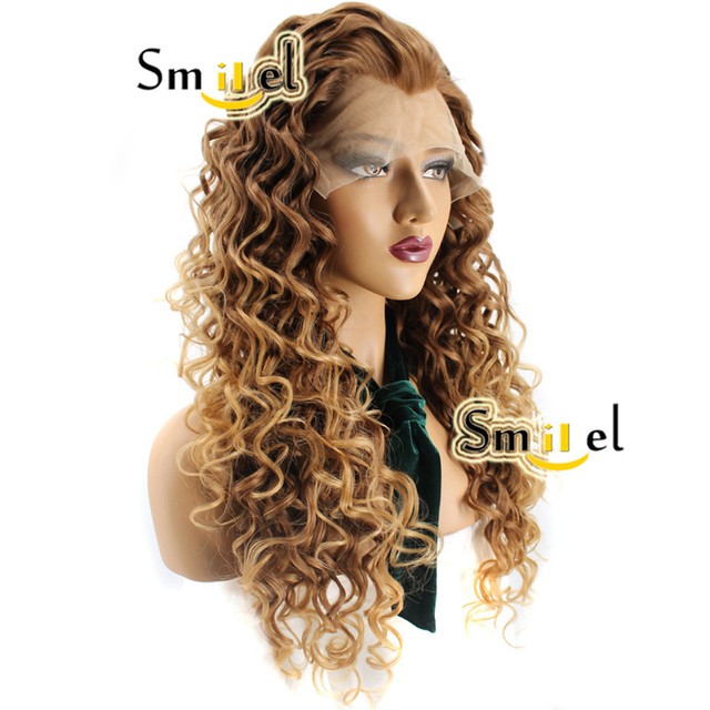 Long Curly Ombre Brown Lace Front Wig Synthetic Hair Spiral Curls