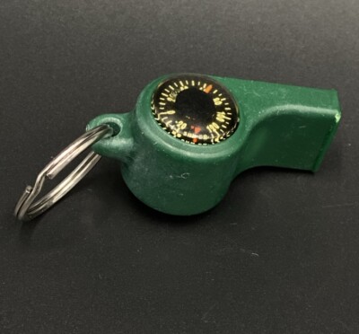 Vintage Sun Co Whistle with Compass and Thermometer Keychain Dark Green