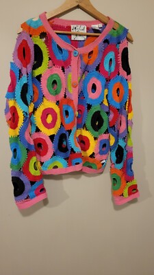 【archive】90s multicolored knit cardigan Colorful Black Knit Cardigan VTG 90s Concrete Knit Sweater