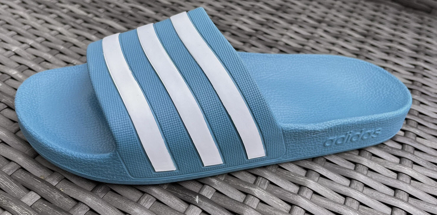 NUOVI sandali Adidas donna slide bianco blu a righe taglia 7