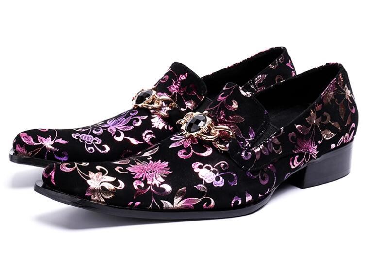 Mens British Pointy Toe Floral Slip On Loafers Youth Party 