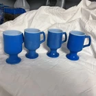 Pedestal Footed Coffee Mug Cup Milk Glass Vintage Set Of 4 Blue Glazed.Bin NN