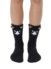 Fuzzy Black Kitty Cats Non-Skid Women Slipper Crew Socks 9-11 Living Royal New