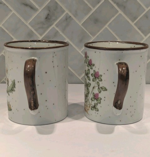 2 Vintage Coffee Tea Mugs Japan Speckle Brown Dandelions Clover Cottagecore - Picture 5 of 7