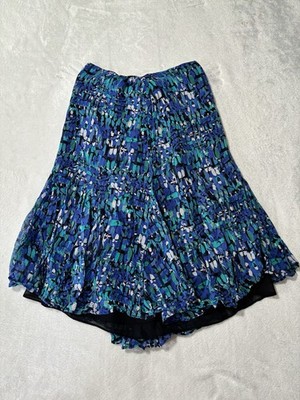 CHICO'S 100% Silk A-Line Flare Skirt Womens 0 Blue White Geometric Flowy Casual
