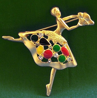 Vintage Pin Ballet Dancer Enamel Rhinestone Gold Tone Figure Brooch 