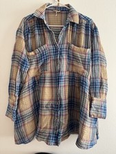 Free People Long Sleeve The Voyage Plaid Cotton Shirt Dress - Sunrise Combo - S