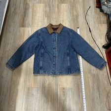 Vtg 90s Woolrich Denim Barn Coat Blanket Lined Jean Jacket Sz L Chore Ranch