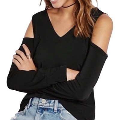 EXPRESS Trendy Flirty Top Women s Small Black Petite Peek-A-Boo Shoulders V-Neck