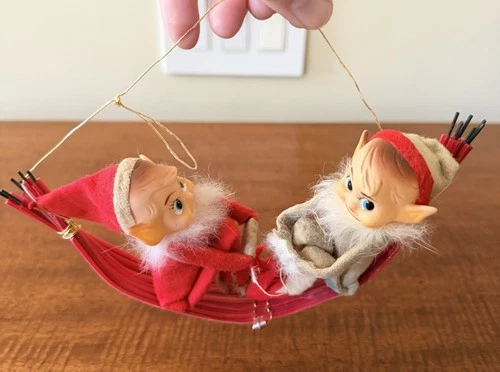 Rare Knee Hugger Elf On Boat Christmas Ornament Pixie Vintage MCM