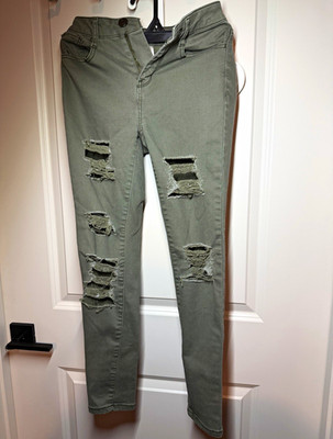 SO Juniors High Rise Slim Jegging Jeans Green Denim Distressed Stretch Pockets