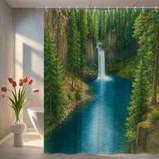Nature Landscape Shower Curtain - Waterfall and Forest Design