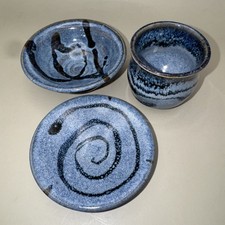 Whitefish Pottery Mini Plate Bowl Cup Blue Glaze Studio Art 2010 Montana