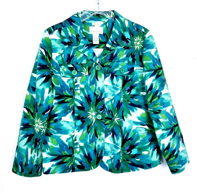 Drapers & Damons Floral Blazer Jacket Women Medium Green White Cotton Canvas Art