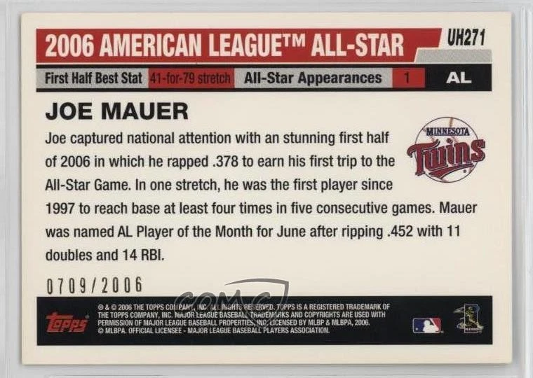 2006 Topps Update All-Star Gold /2006 Joe Mauer #UH271 HOF - Image 2 of 2