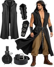Men's Renaissance Costume Set, Medieval Hooded Sleeveless Cloak, LARP Cosplay