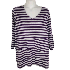 Denim & Co Top Women L Gray Purple Stripe Tiered Knit 3/4 Sleeve V-Neck T-Shirt