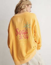 Aerie Real Good XL Orange V-Neck Pullover Sweatshirt Palm Graphic Raglan Sleeve