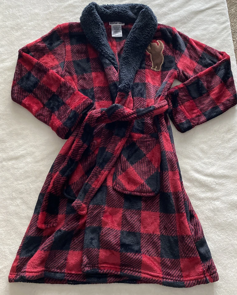 Bata de dormir de baño de manga larga de lana a cuadros roja negra para niños Komar 7-8 Foto 2 de 4
