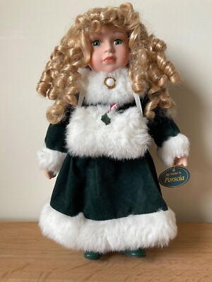 Porscia Christmas Doll 14'' THE PORCELAIN DOLL COLLECTION On Stand Used With Tags