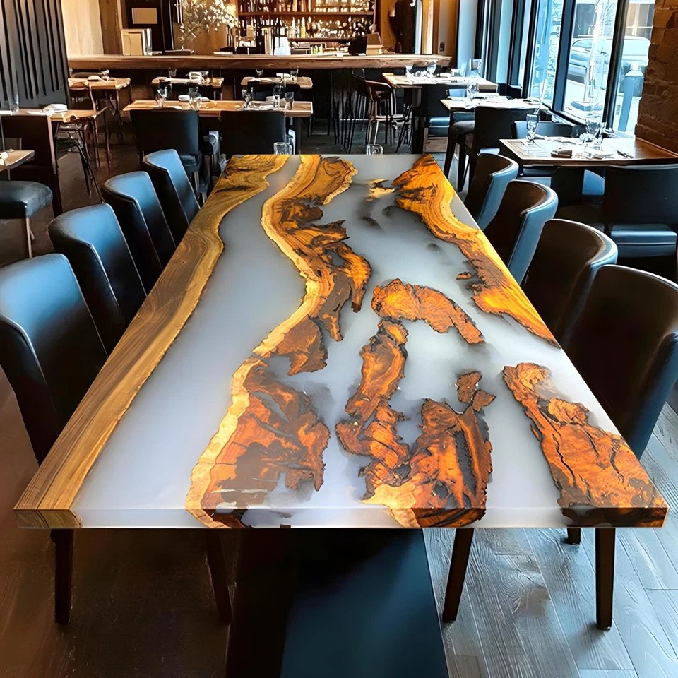 Custom Olive Wood White Epoxy Living Room Table | Unique Handcrafted Resin River - Image 2 of 4