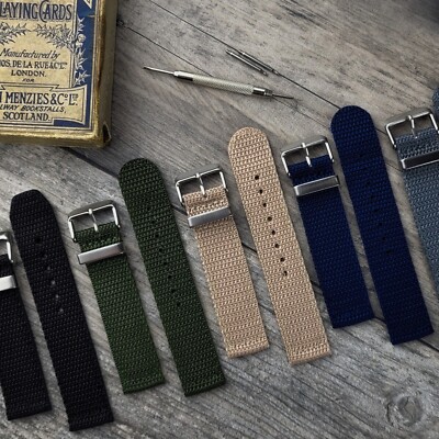 Woven Knitted Nylon Watch Strap Band in Blue Black Grey Green - Main Image