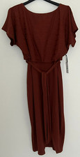 NWT Kensie Womens Ginger Brown Ribbed Tie Boat Neck Blouson Midi Dress Stretch L